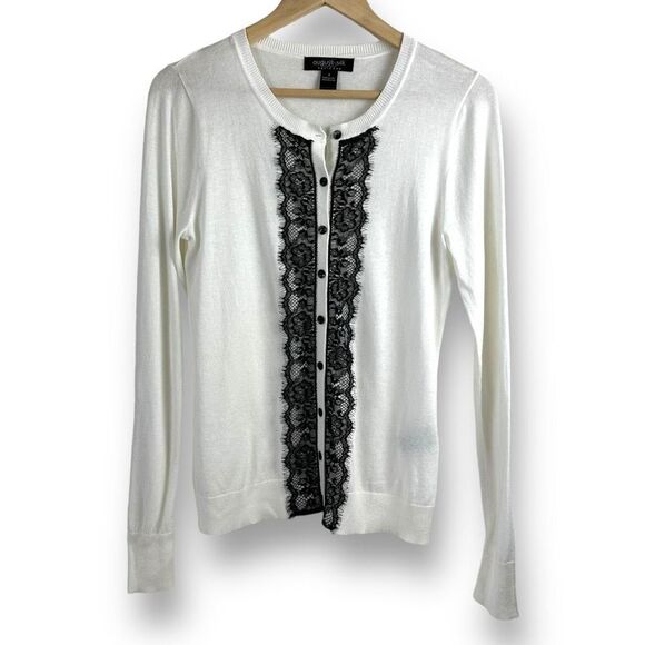 August‎ Silk Women's Size S Button Up Cardigan Ivory With Black Lace Inset - Picture 1 of 9